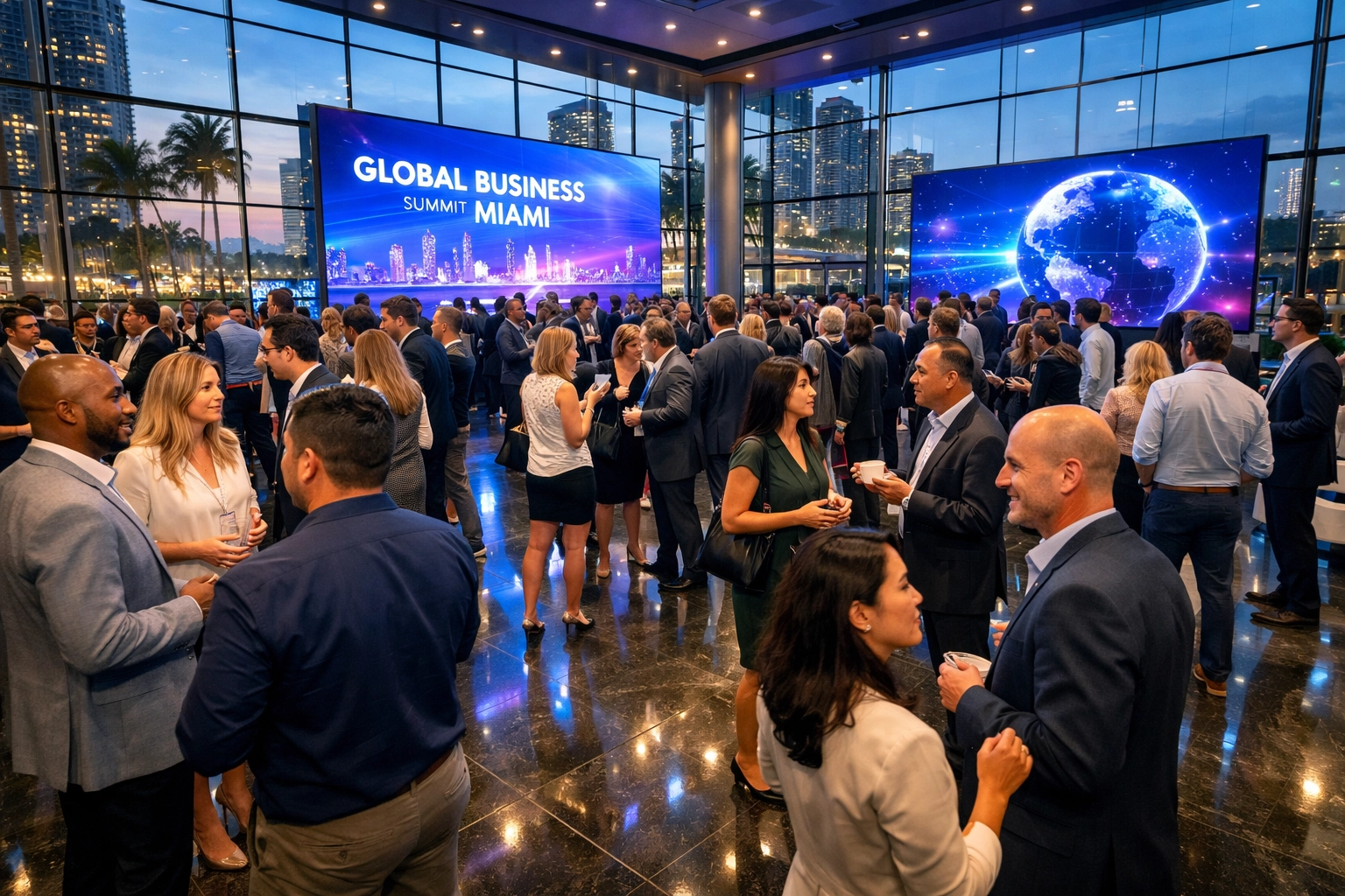 A corporate event photographer capturing a high-end business conference at a modern glass-walled Miami venue.