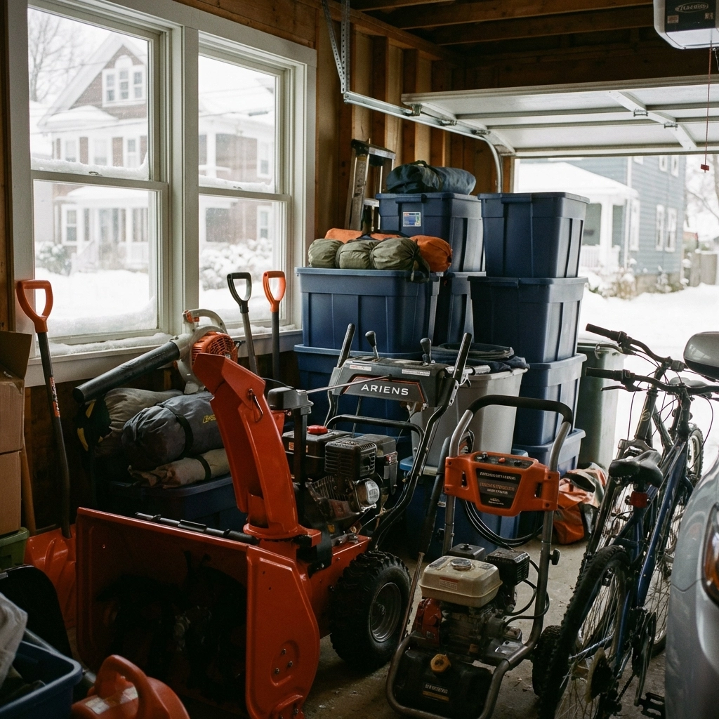 Cluttered Boston garage filled with seasonal equipment like snow blowers and camping gear for winter storage.