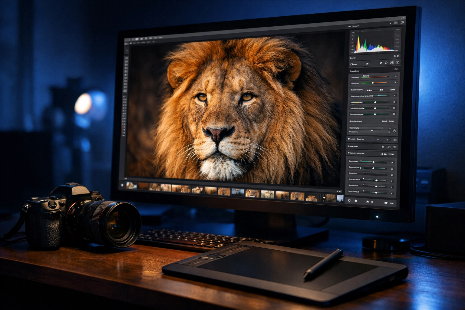 The Ultimate Guide to Finding Photography Work in 2026: Everything You Need to Succeed 3 A professional photography editing suite featuring a mirrorless camera and high-resolution wildlife image.