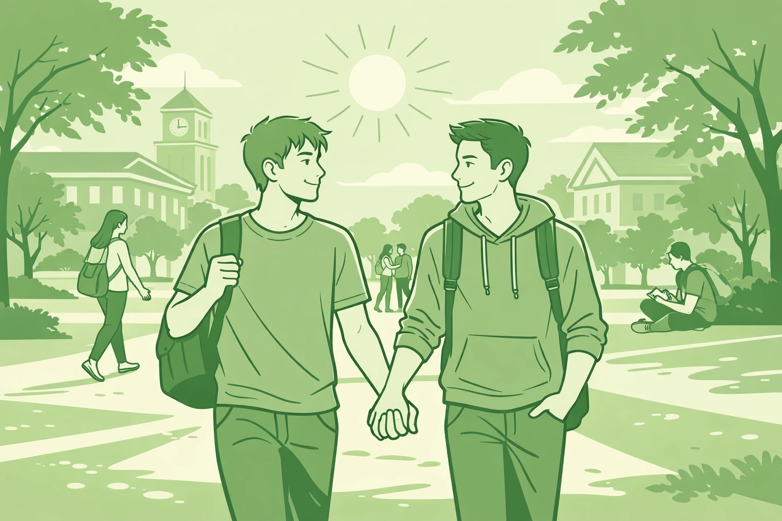Gay male students holding hands walking across college campus - authentic self-expression and pride