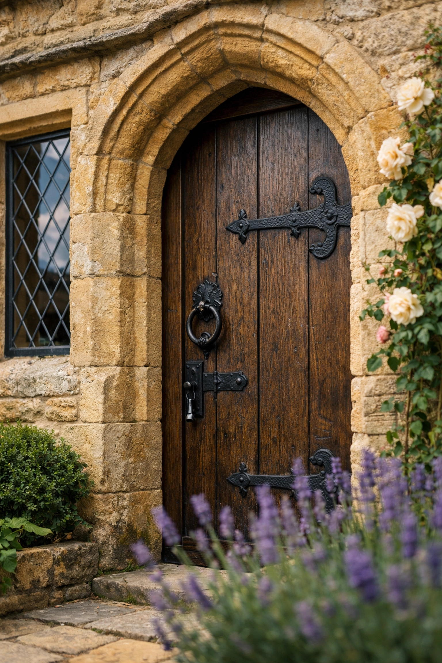 Close-up of a traditional Stanton cottage door with golden limestone masonry and a flowering garden.