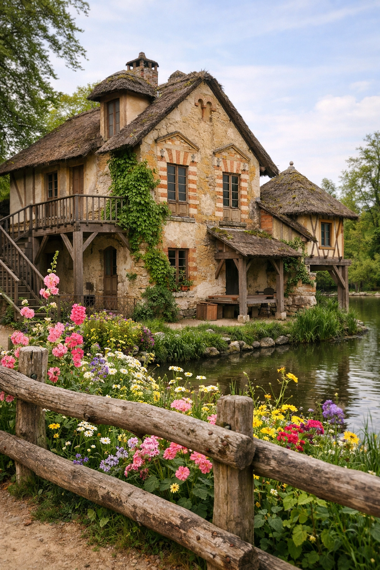 Rustic thatched cottages of the Queen's Hamlet, a unique photo spot away from the main palace crowds.