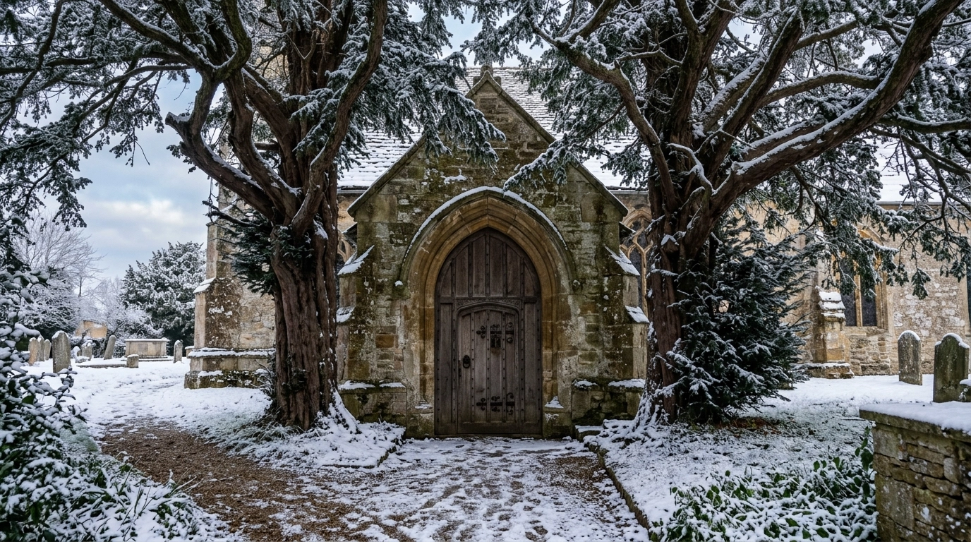The north door of St Edward's Church in Stow-on-the-Wold, framed by ancient yew trees in soft winter light.