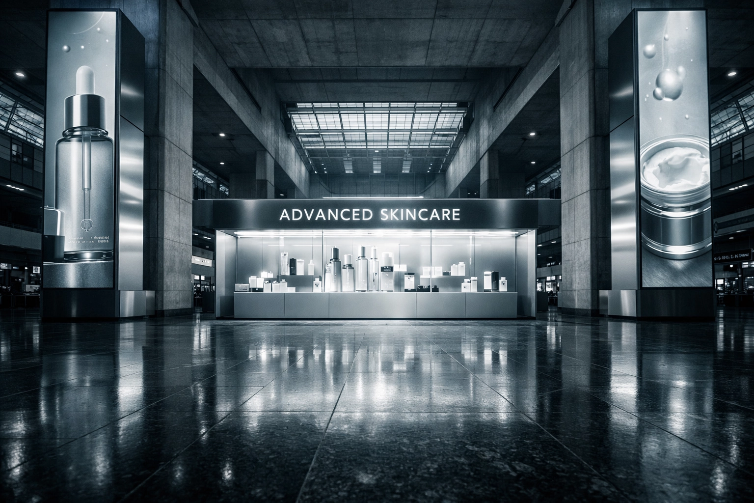 Minimalist luxury skincare brand activation in a modern airport terminal for global travel retail expansion.