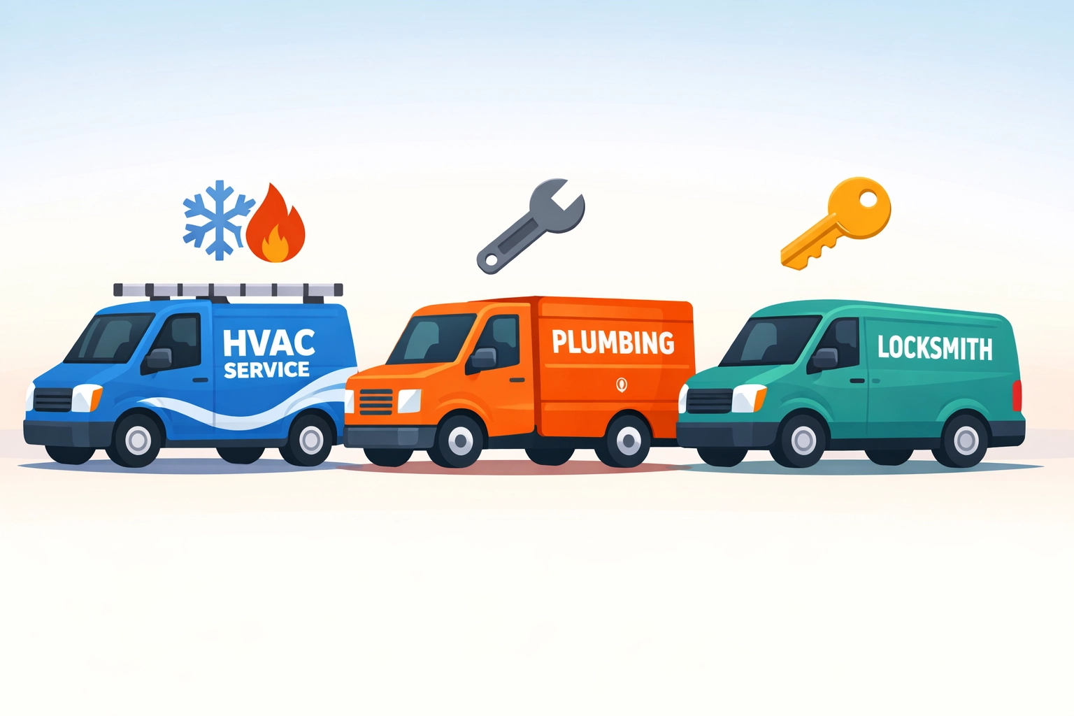 HVAC, plumbing, and locksmith service vehicles representing trade-specific scheduling software