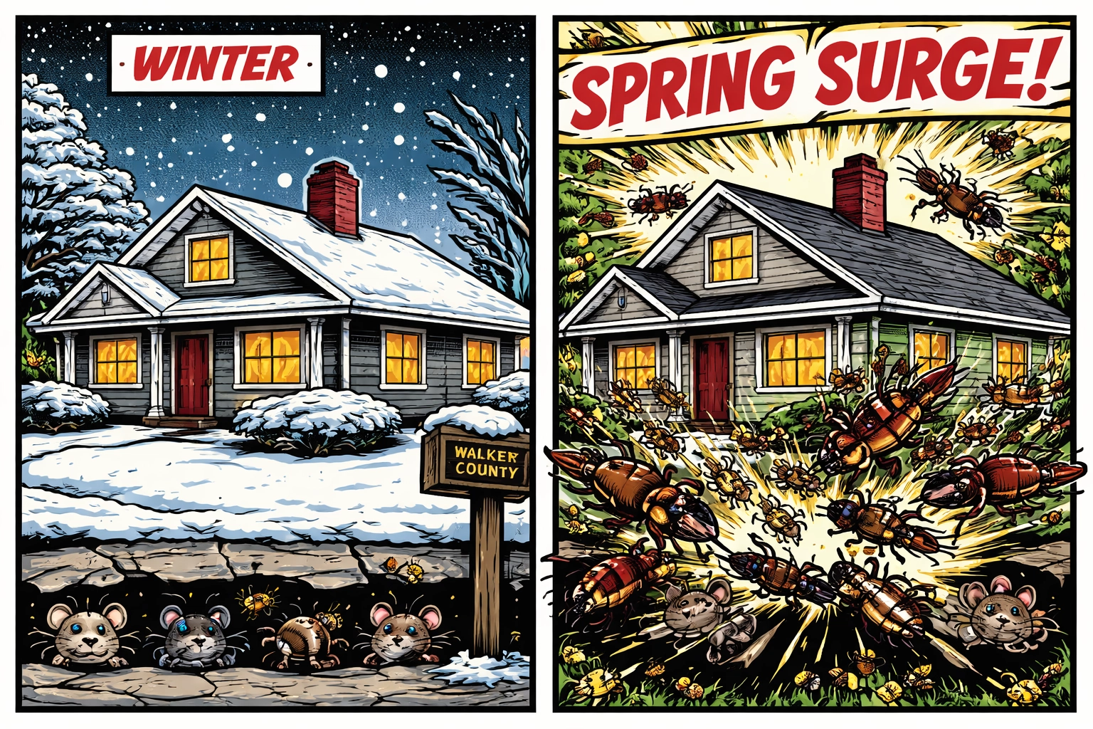Split comic showing Walker County home in winter with hidden pests and overrun in spring, symbolizing spring pest surges from warmer winters.