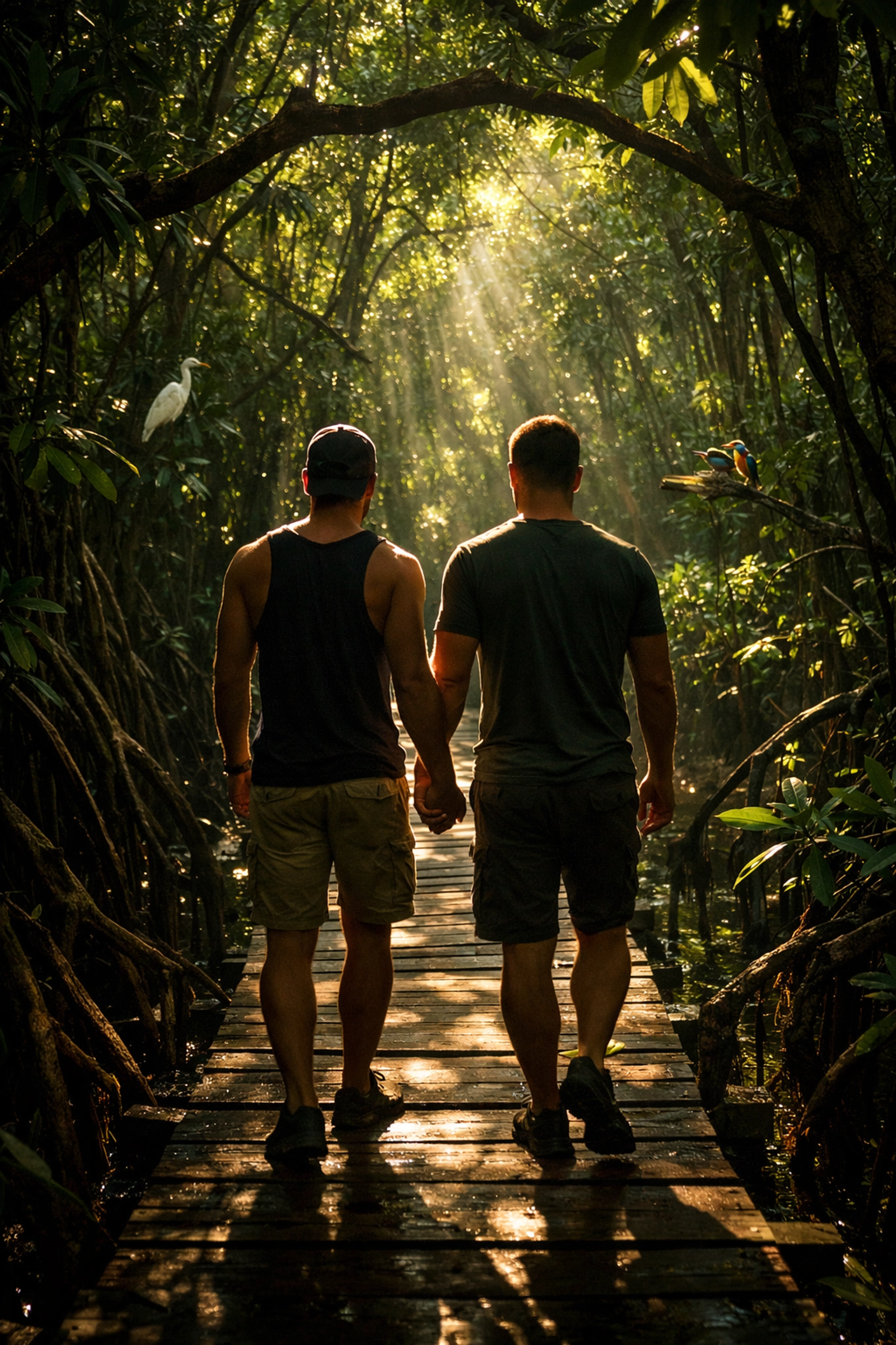 Gay couple walking hand-in-hand on Seychelles mangrove boardwalk