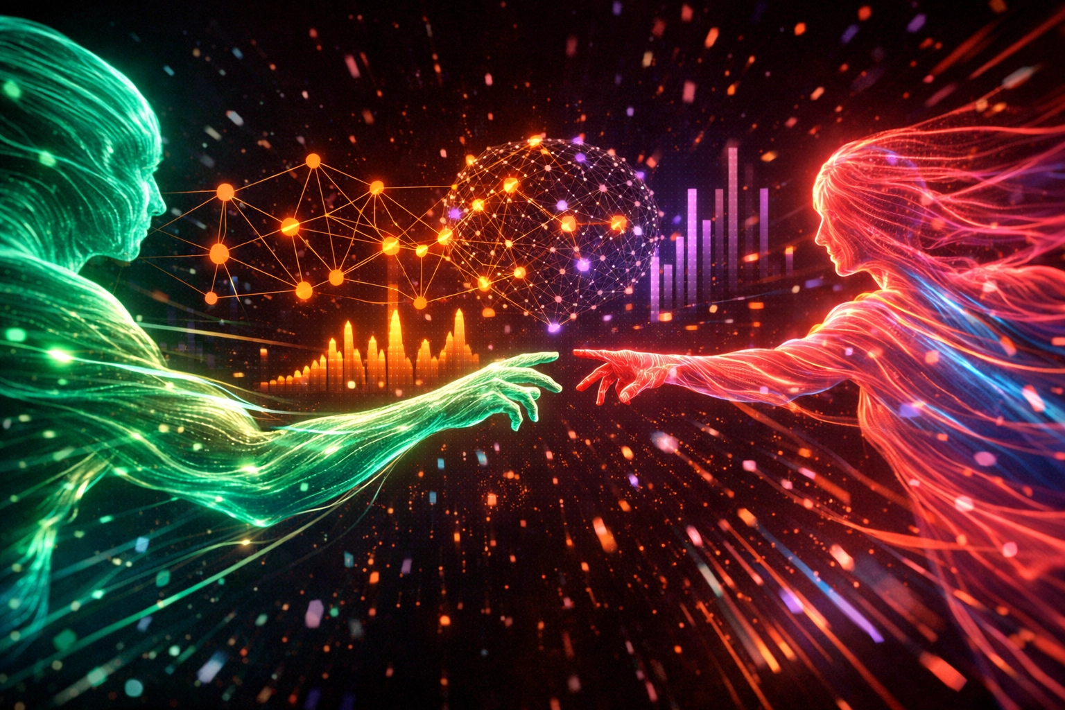 Abstract visualization of human connection and loneliness in digital AI relationships