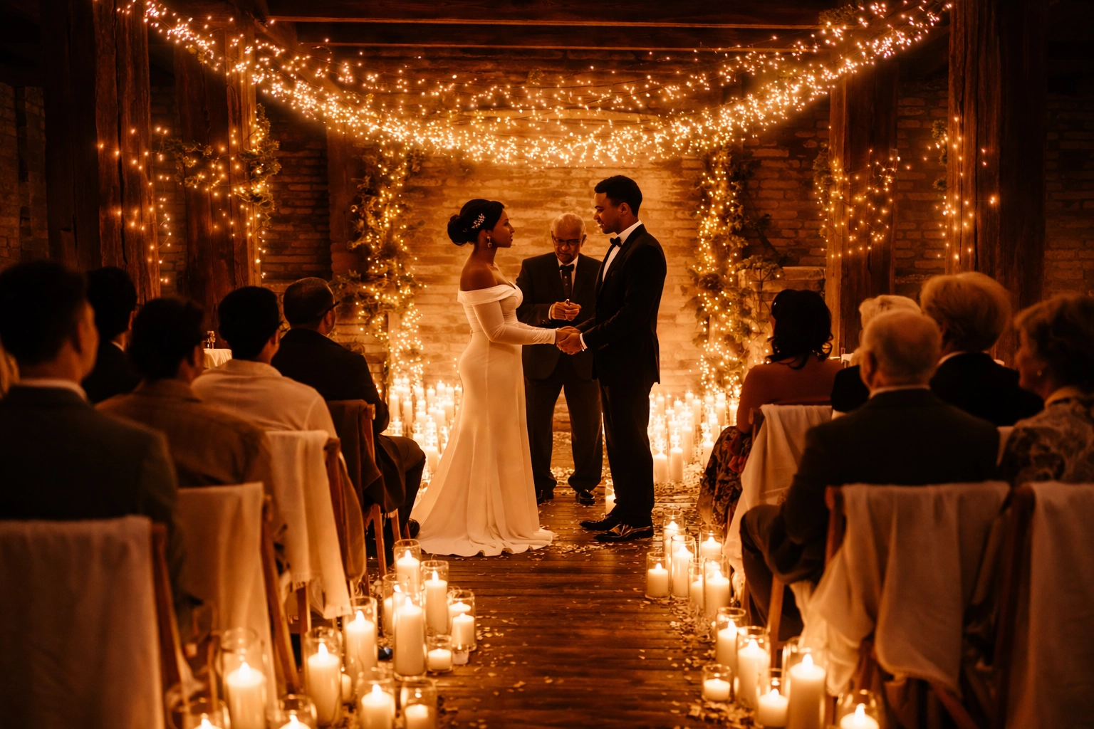 African American couple exchanging vows during a candlelit winter wedding ceremony in a cozy venue