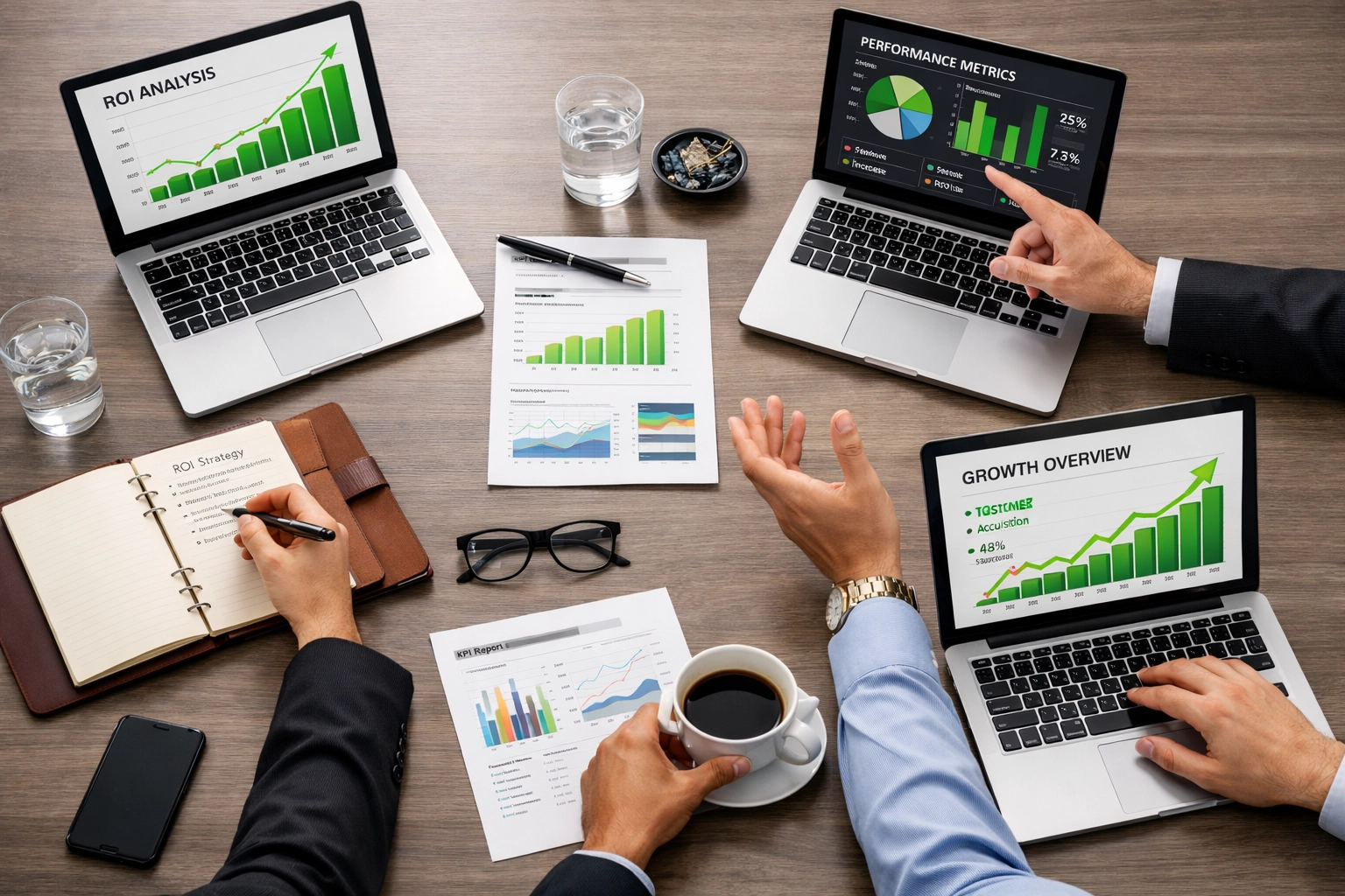 Strategic ServiceNow ROI audit and license utilization charts displayed on laptops during a board meeting.
