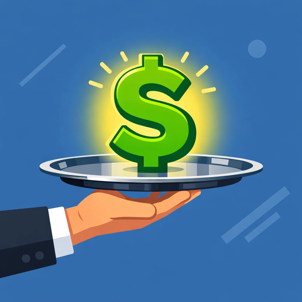 Illustration of a server tray with a dollar sign representing federal tax-free tips for service workers.