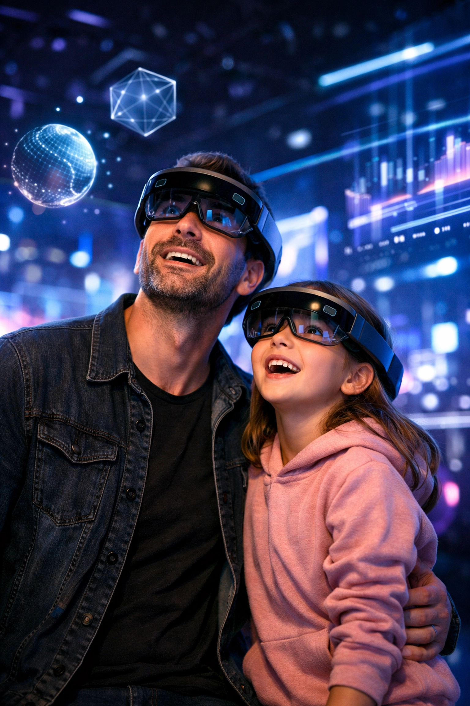 Father and daughter experiencing immersive AR technology at Super Bowl 2026 fan zone
