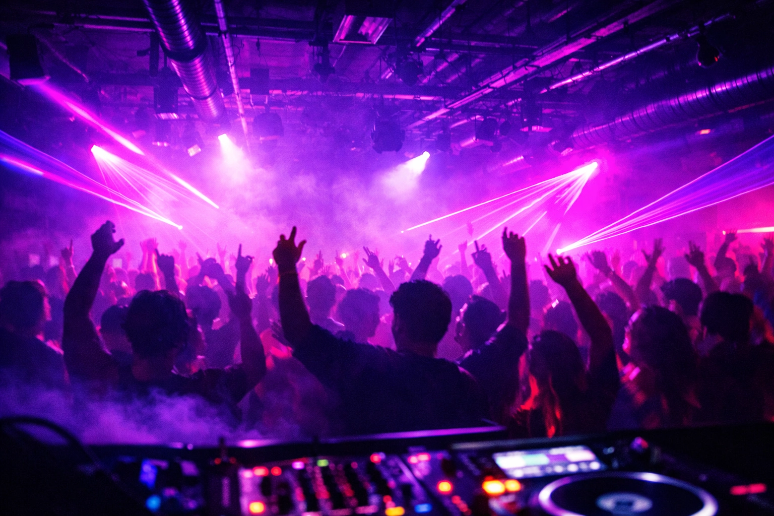 Packed dancefloor at London underground club with laser lights and dancing crowd
