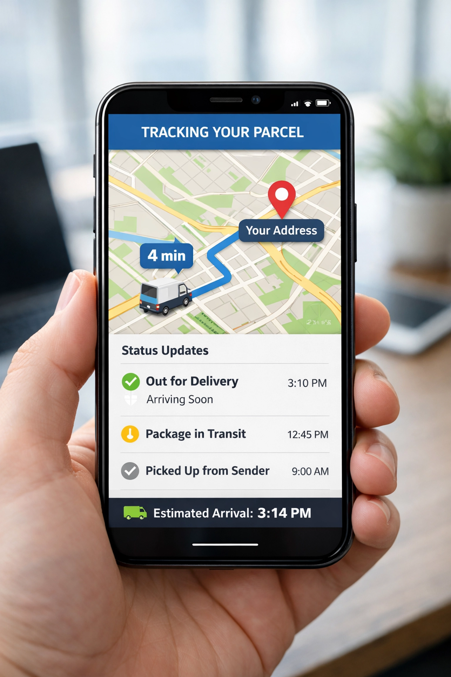 Real-time parcel tracking interface on smartphone showing delivery status