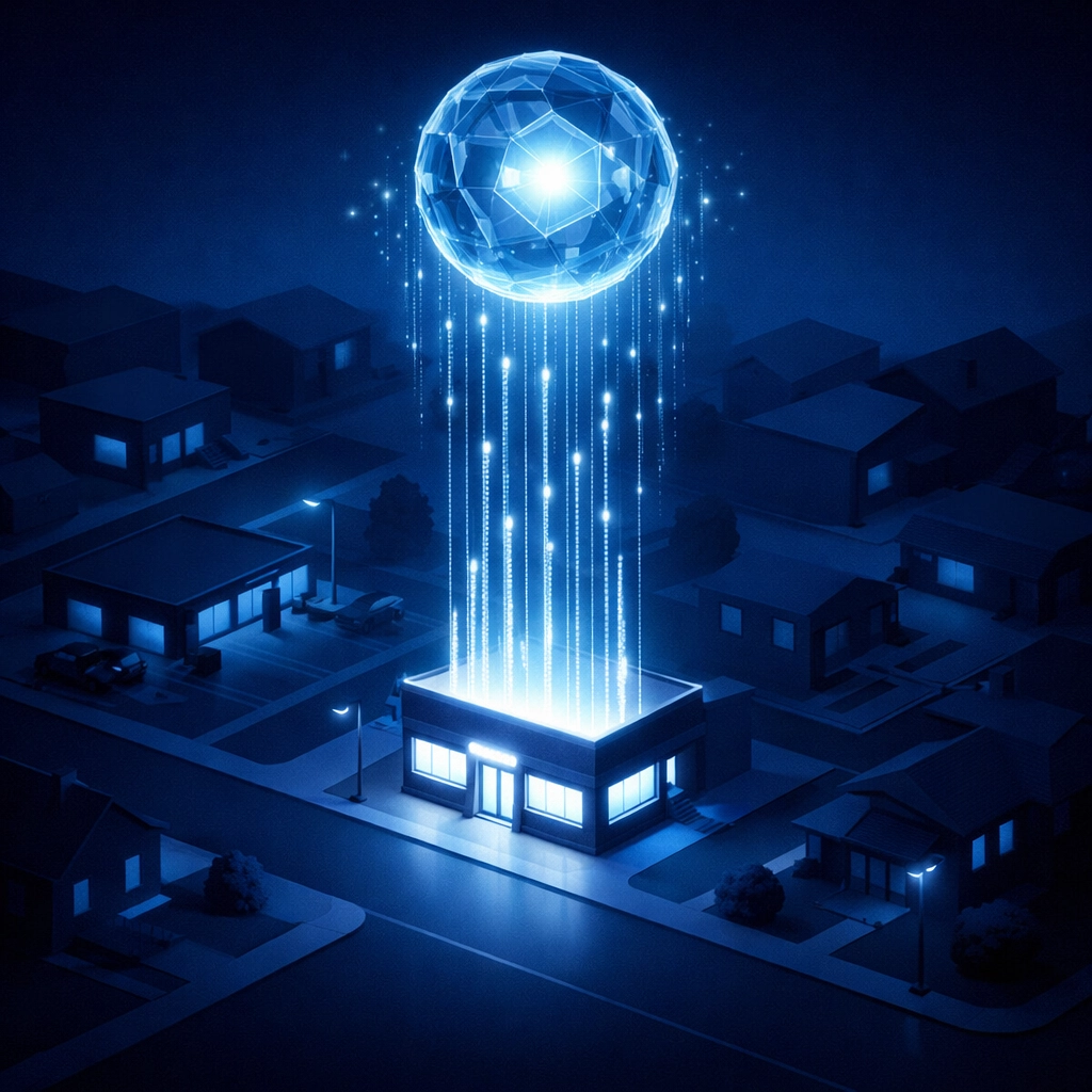 A local storefront glowing with digital authority and AI search visibility in a modern neighborhood.