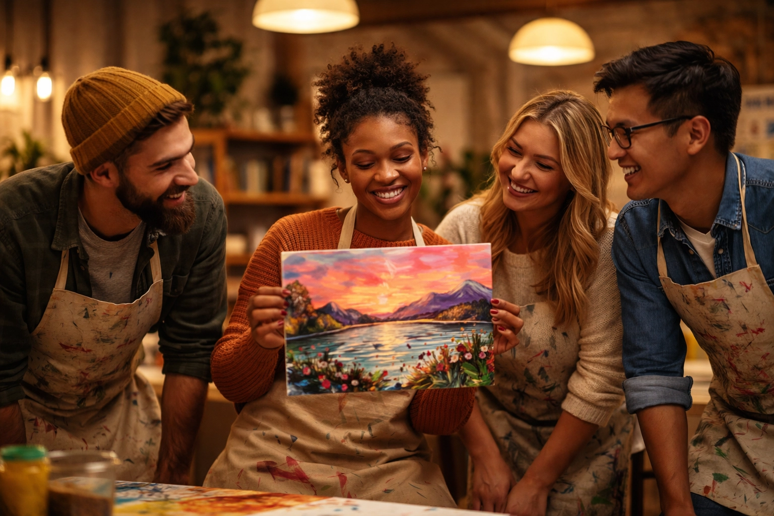Colleagues sharing artwork and building connection during a team building paint session