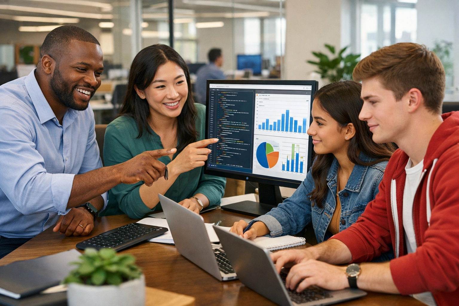 Corporate professionals mentoring high school students in tech workspace during STEM partnership program
