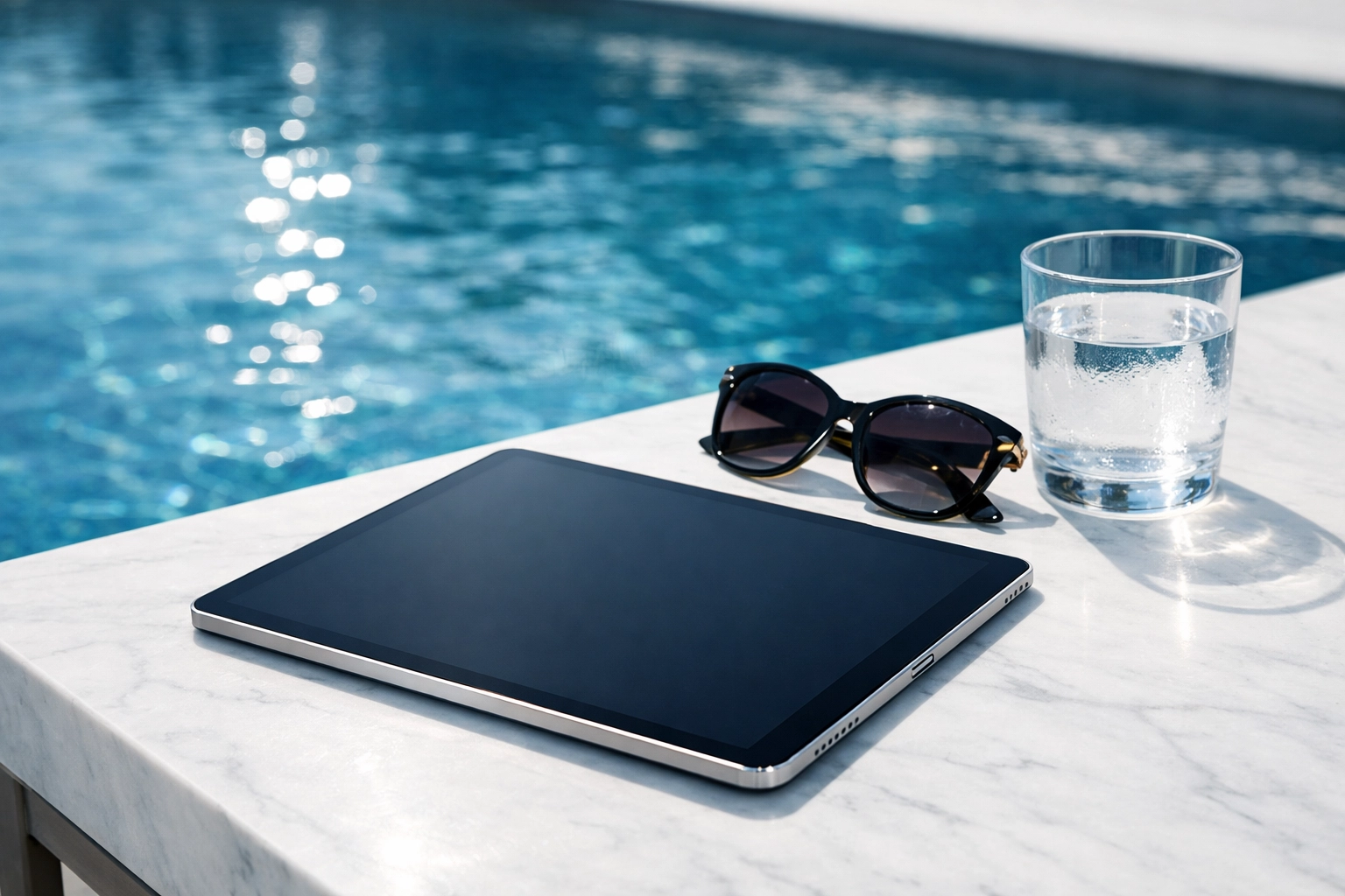Digital tablet by a swimming pool showcasing modern pool route valuation and billing systems.