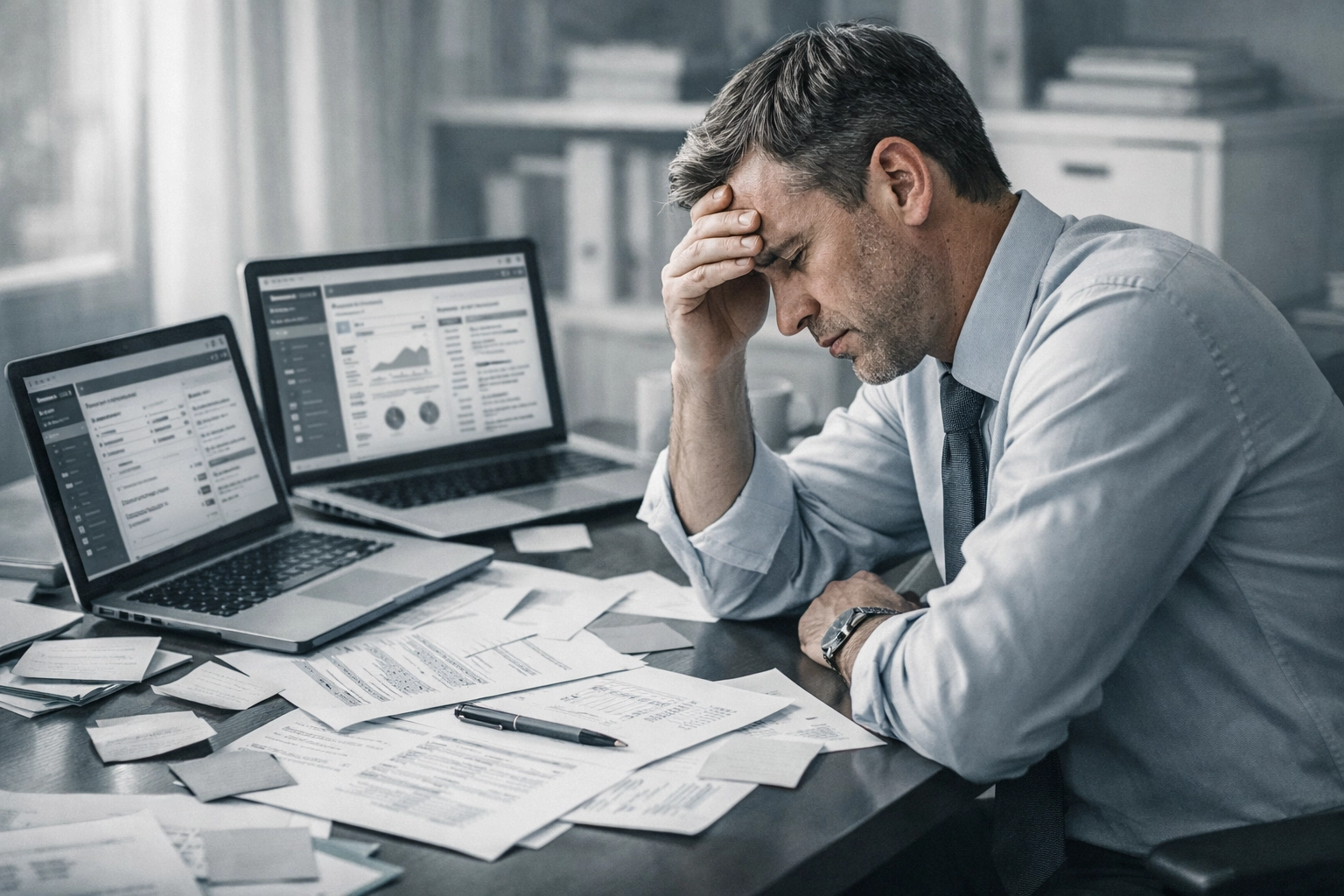 Overwhelmed financial advisor struggling with disorganized CRM and operational chaos