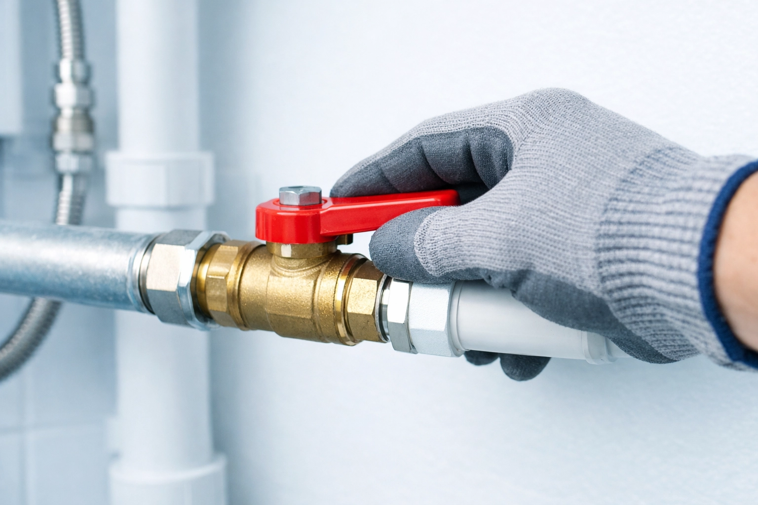 Professional technician turning a main water shut-off valve during a plumbing emergency in Florida.