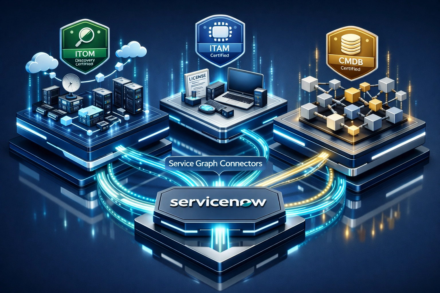 ServiceNow ITOM and ITAM specialized modules with interconnected CMDB and cloud discovery capabilities