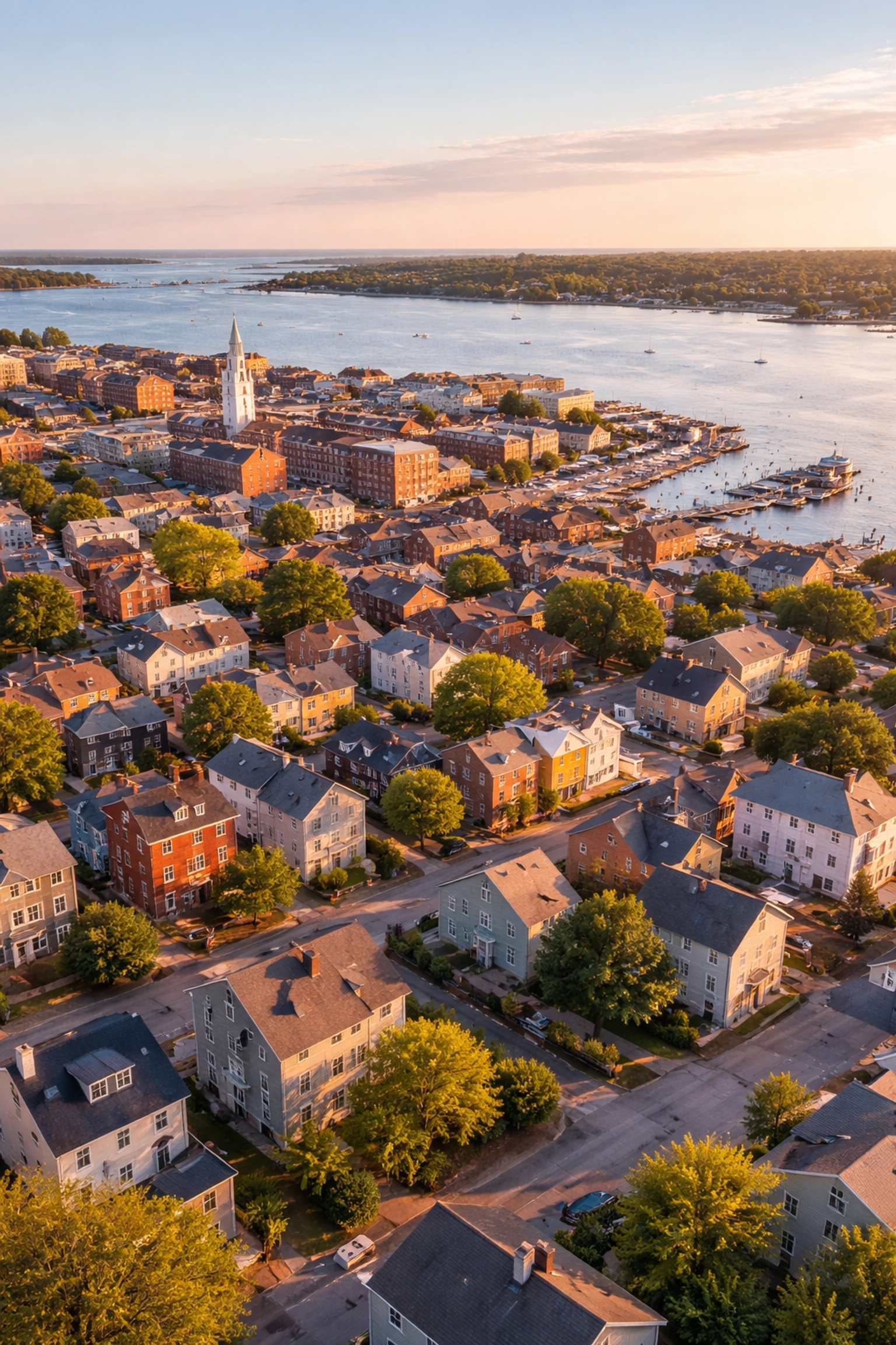 Aerial view of Portland Maine homes and waterfront, showing local service area for emergency electricians