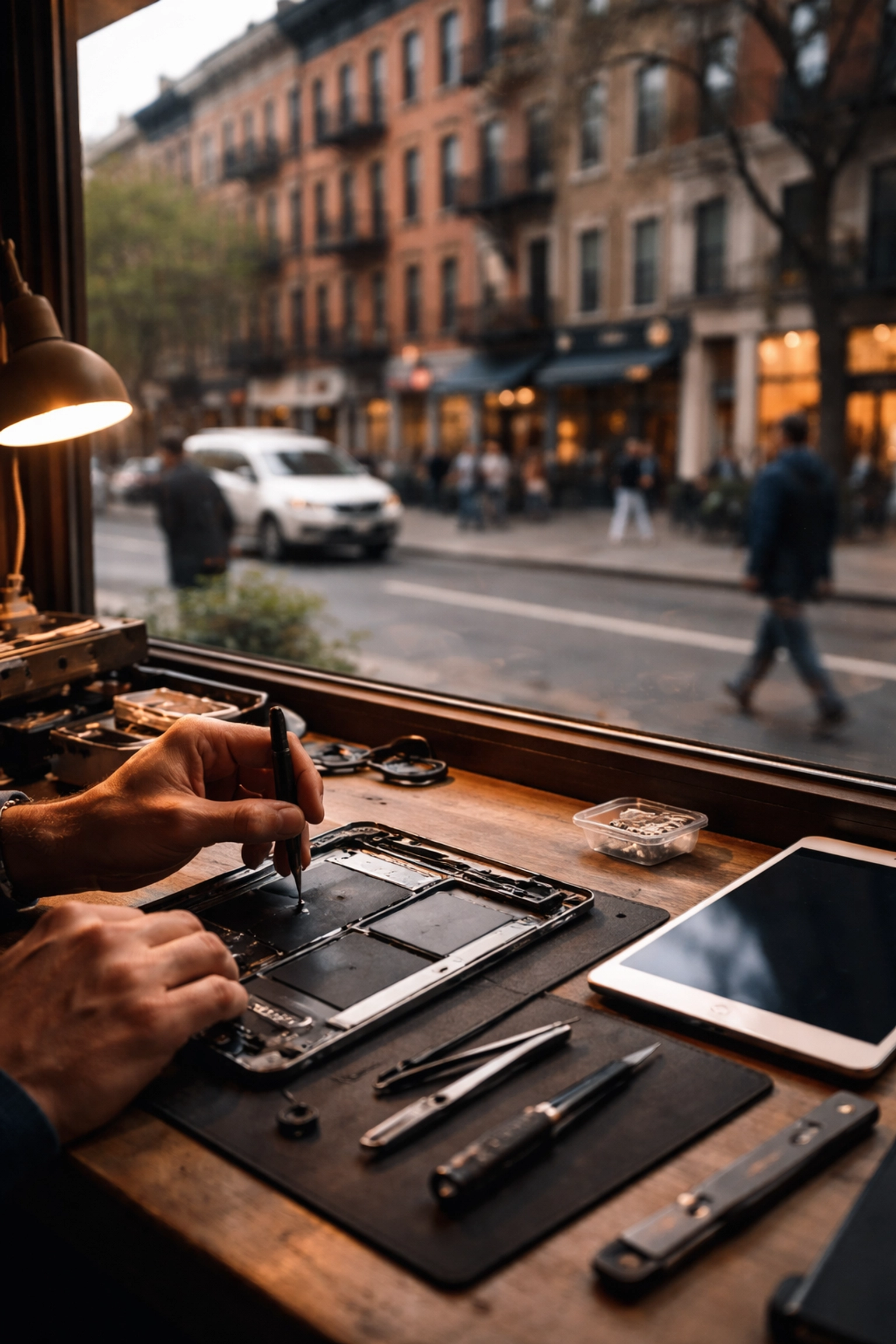 Technician repairing iPad inside Brooklyn cafe with city street outside, showcasing same day iPad repair NYC service.