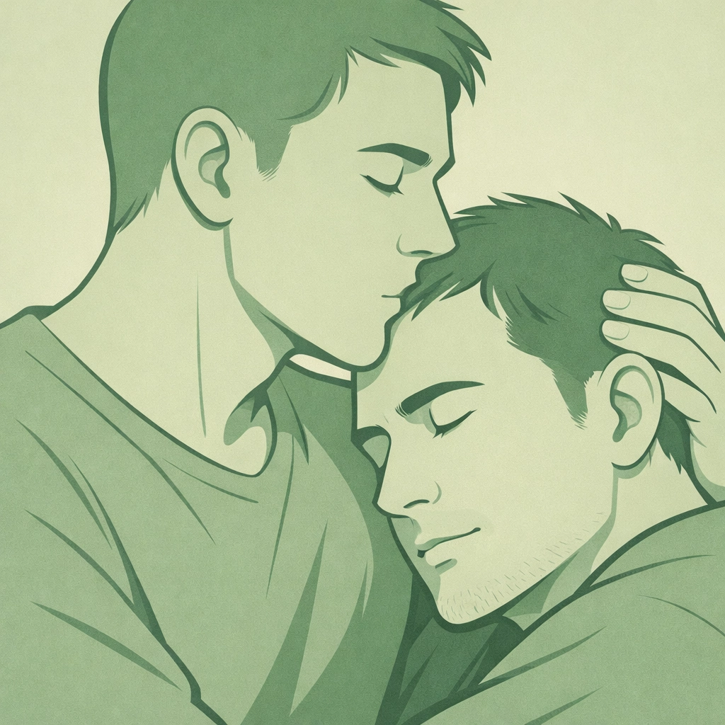Tender forehead kiss between gay partners showing patience with first-time fears