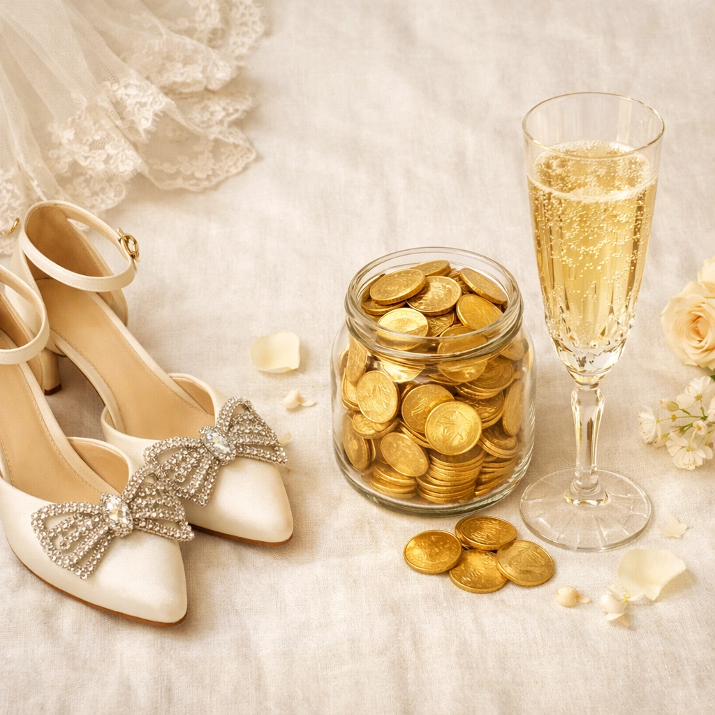 Elegant flat lay of bridal accessories next to a jar of savings representing a fully funded wedding.