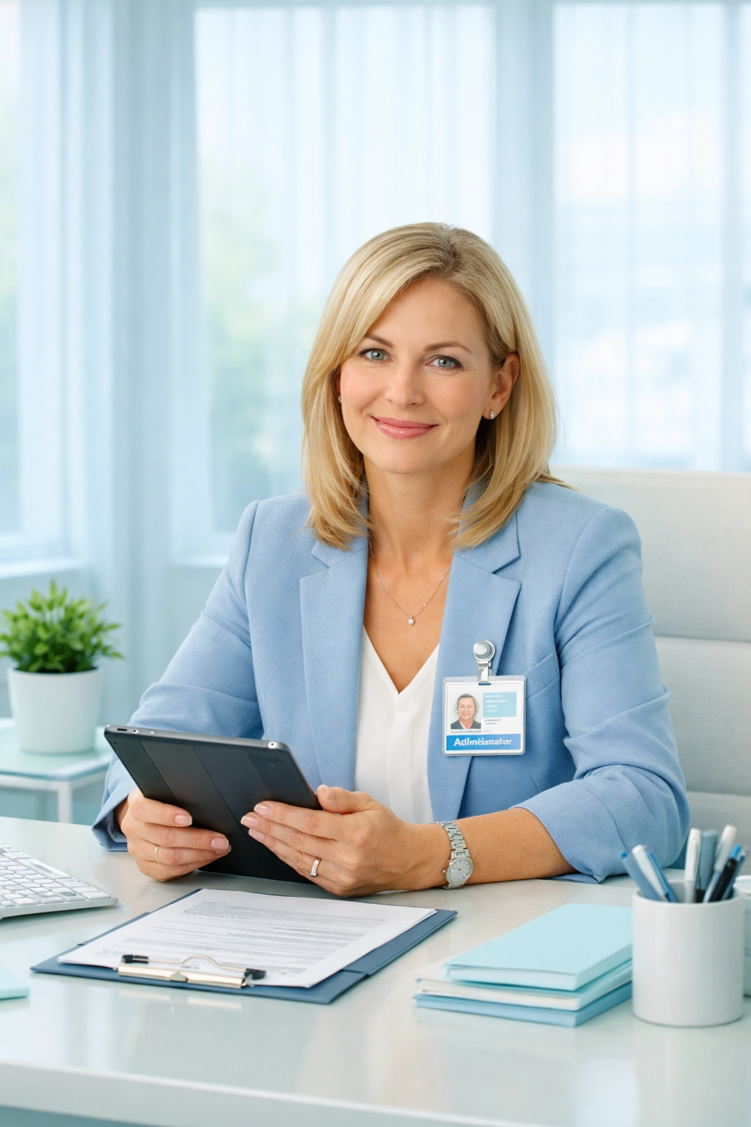 Healthcare administrator reviewing compliance documents with peace of mind