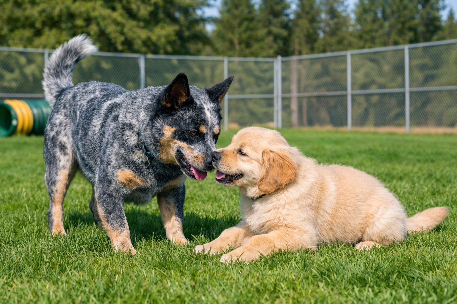 Blue heeler and golden retriever puppy playing during holistic socialization at Green Acres K-9 Resort in Boring.