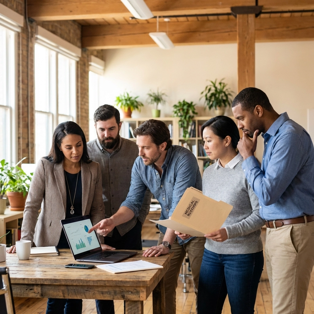 Diverse team consults with insurance broker on second chance life insurance solutions in office setting