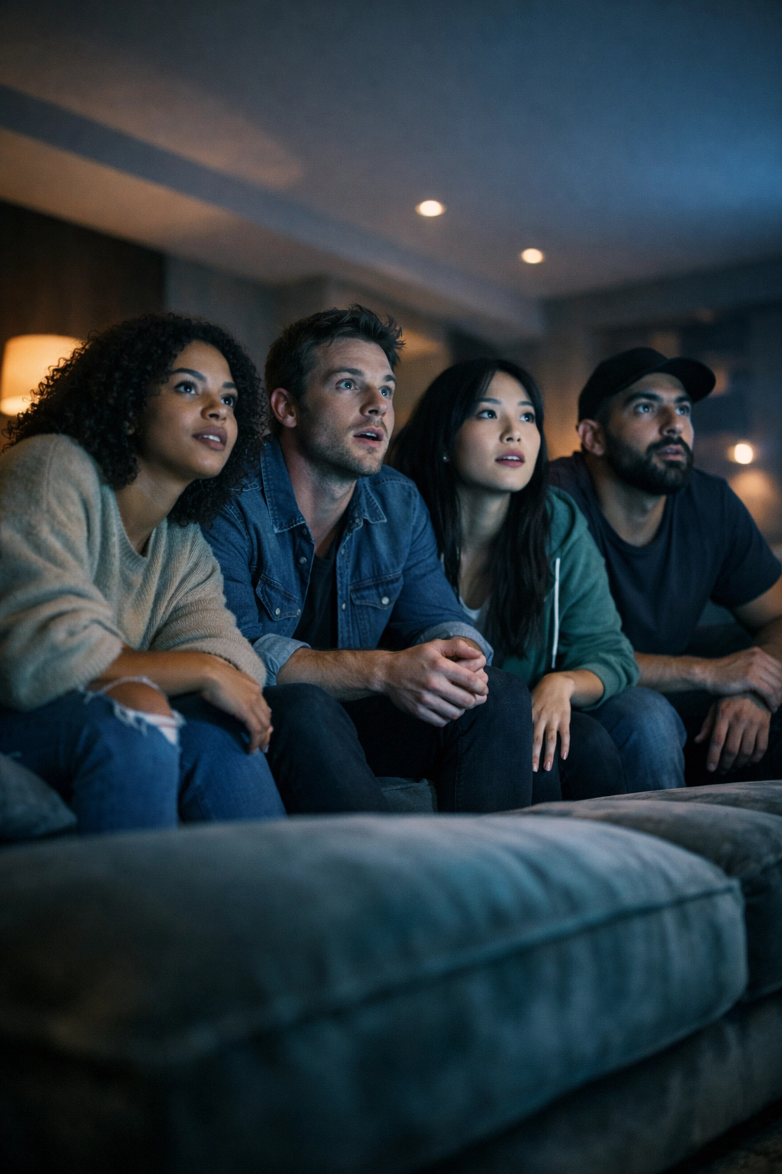 An engaged audience watching a screen, representing high average view duration and audience retention.