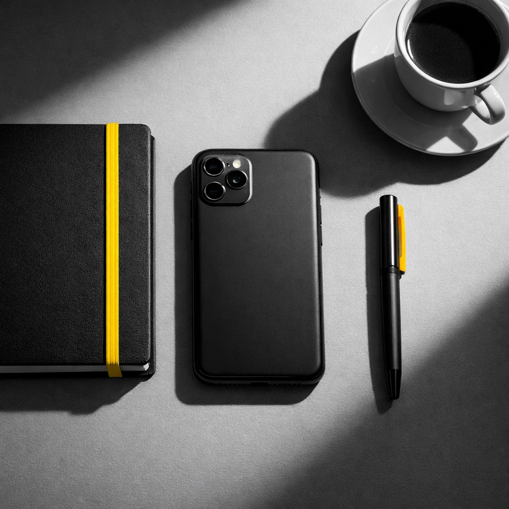Phone face-down on minimalist desk showing intentional focus for business productivity
