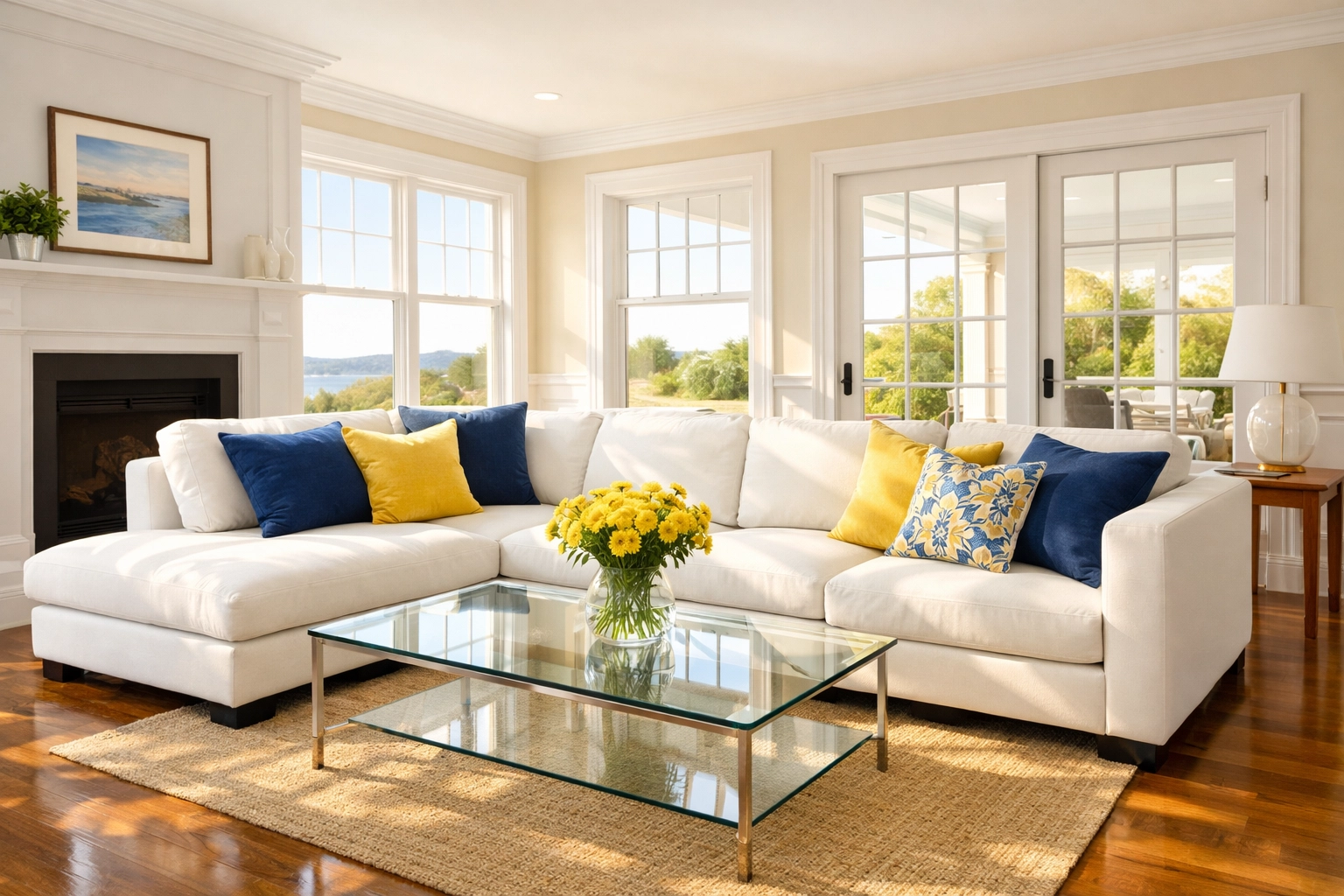Sun-drenched spotless living room representing high-quality house cleaning Ashburnham MA for a healthy home.