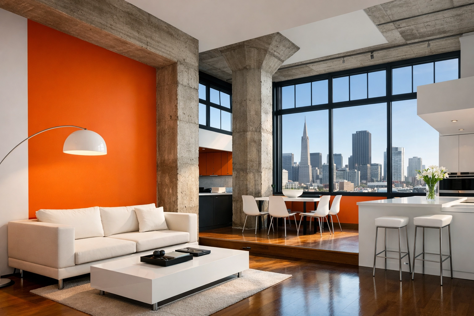 Converted office loft interior with industrial windows and modern residential finishes in San Francisco