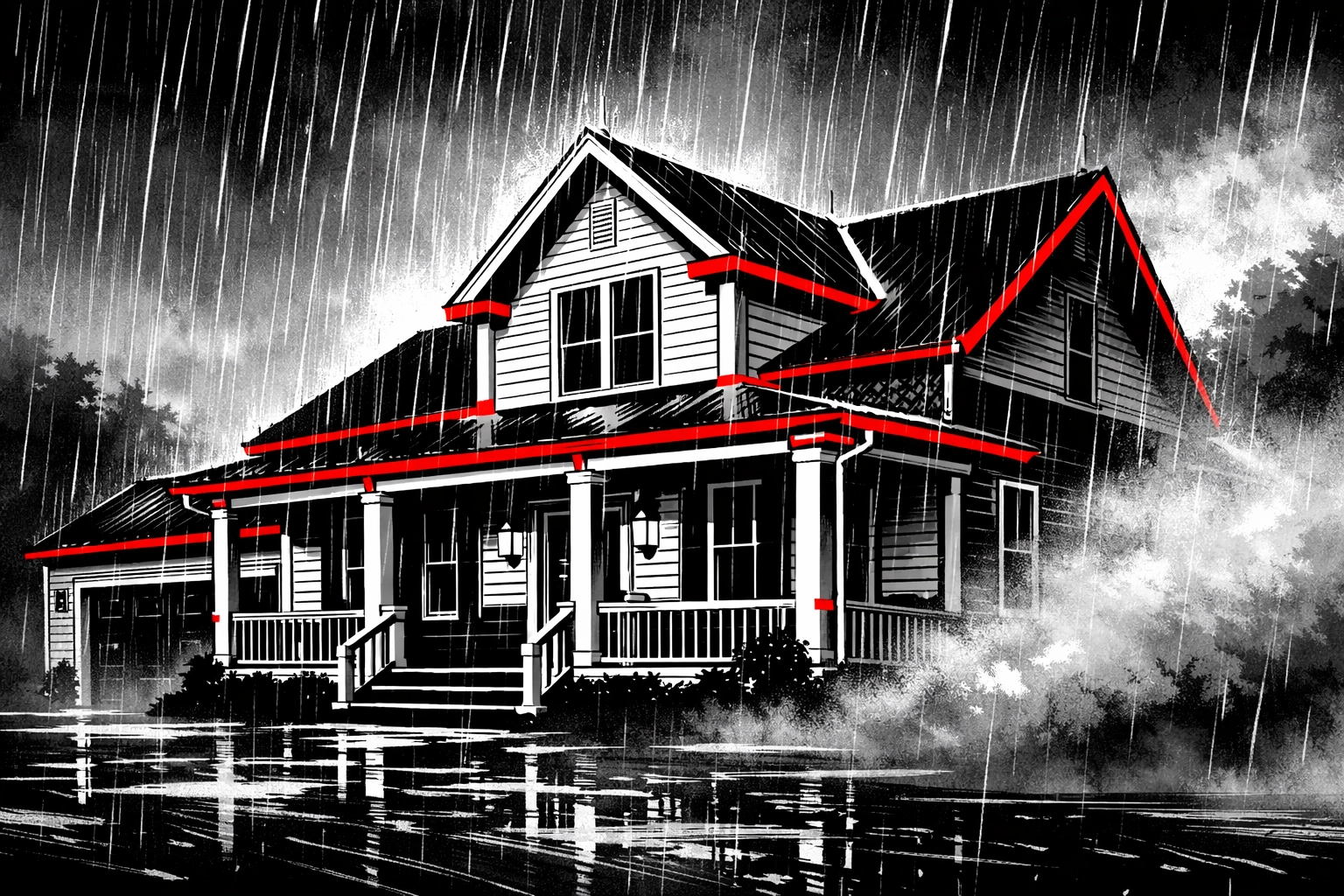 Illustration of a Tennessee home showing moisture vulnerability points during a heavy rainstorm.