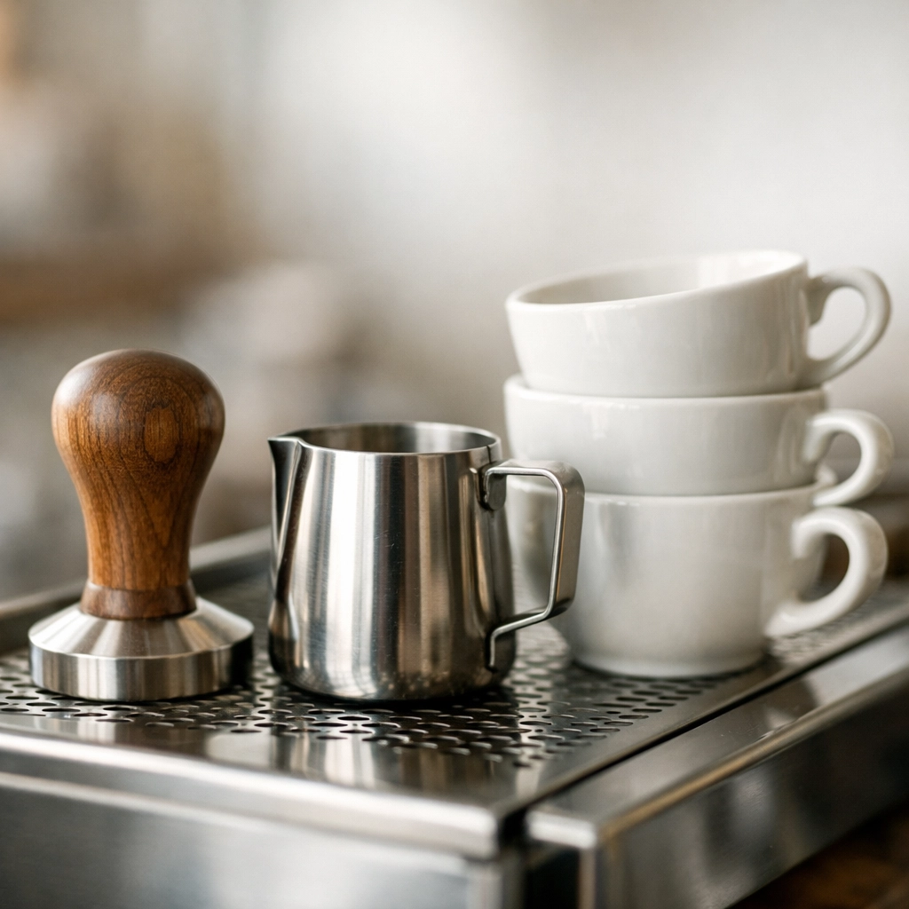 Artisanal barista equipment and ceramic cups, symbolizing professional support from coffee suppliers.