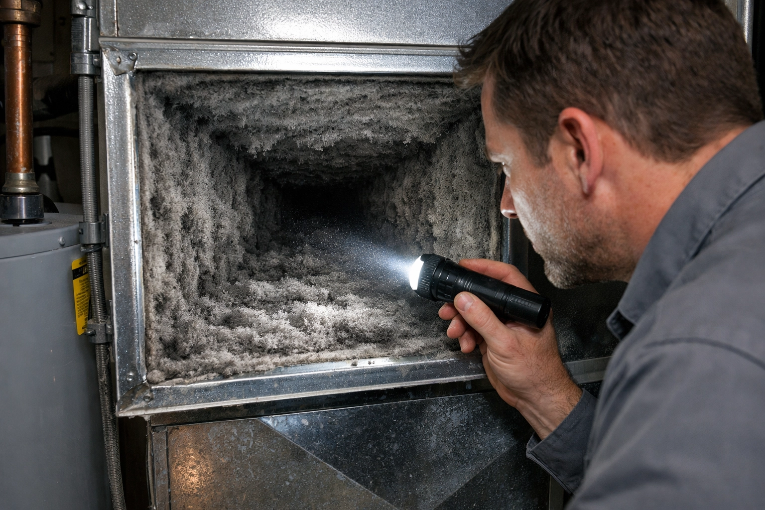 Expert inspecting air ducts for hidden smoke and soot damage after a house fire.