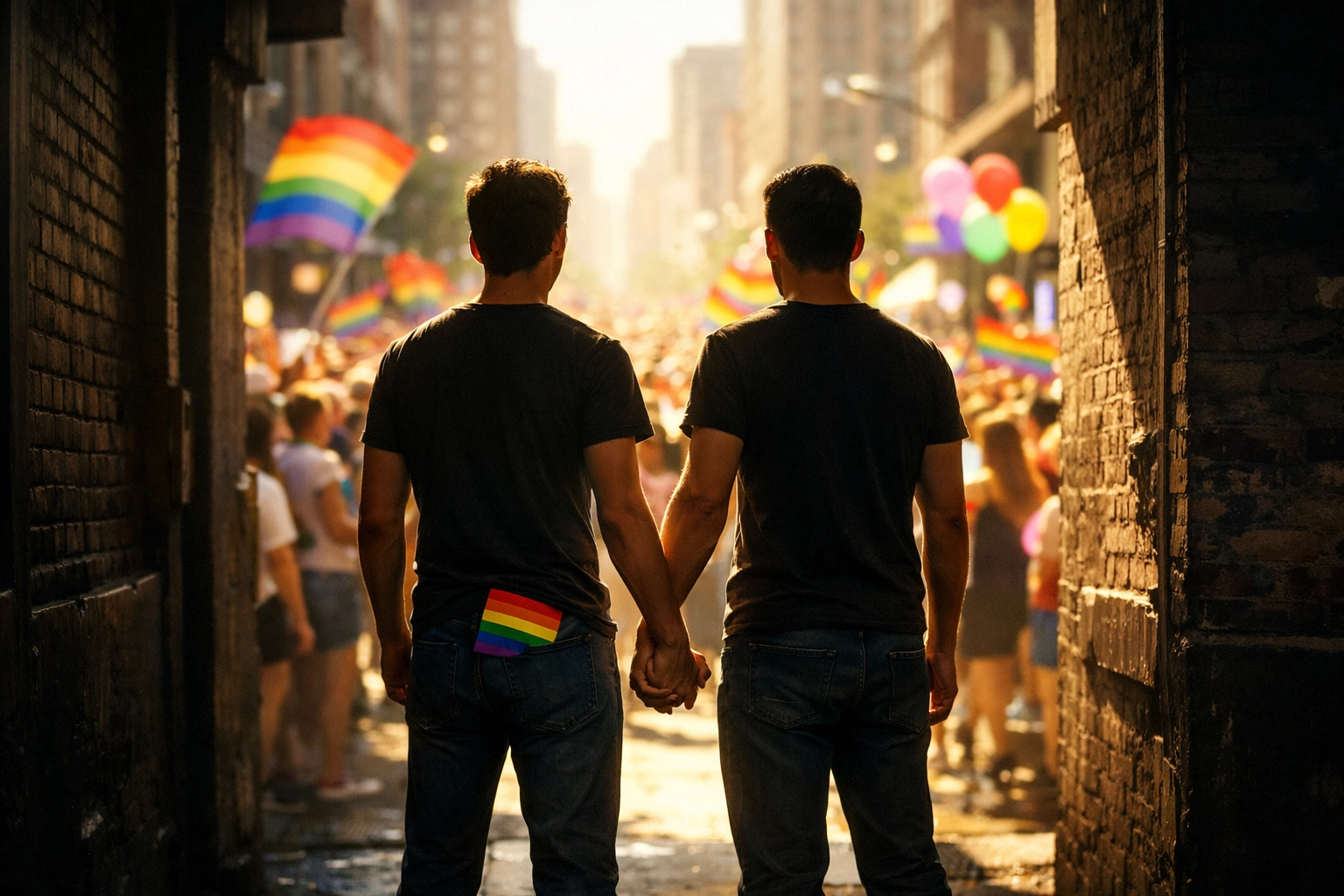 Two men holding hands while entering a Pride parade, marking a major public coming out milestone.