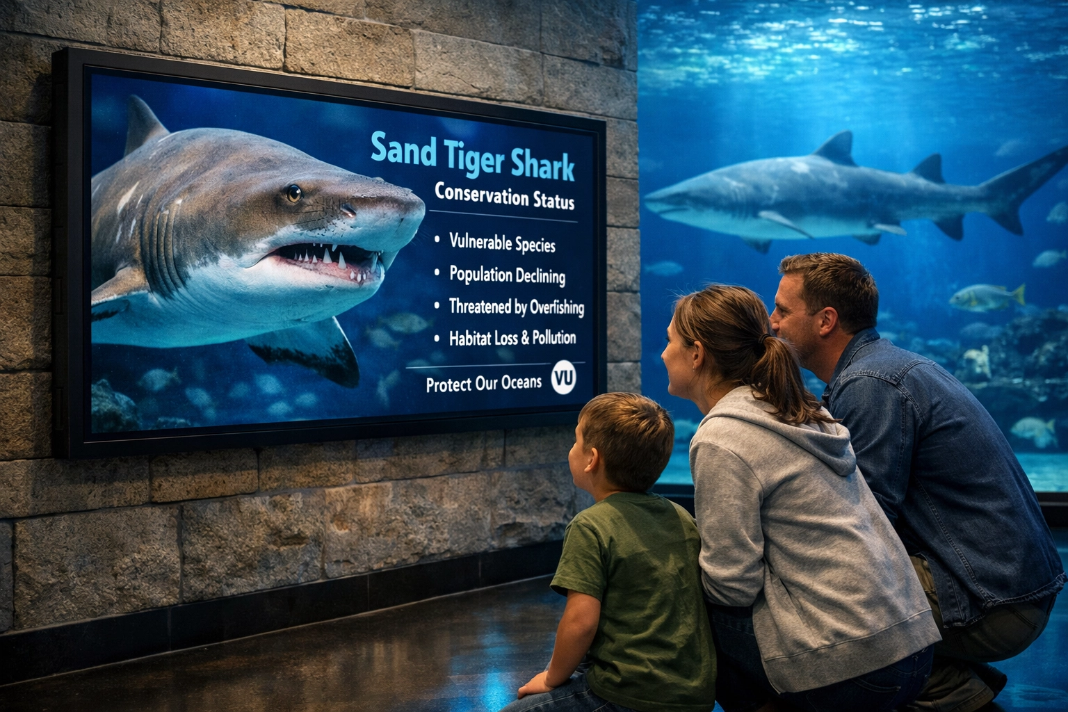Family viewing a shark conservation digital signage display next to a large aquarium exhibit.
