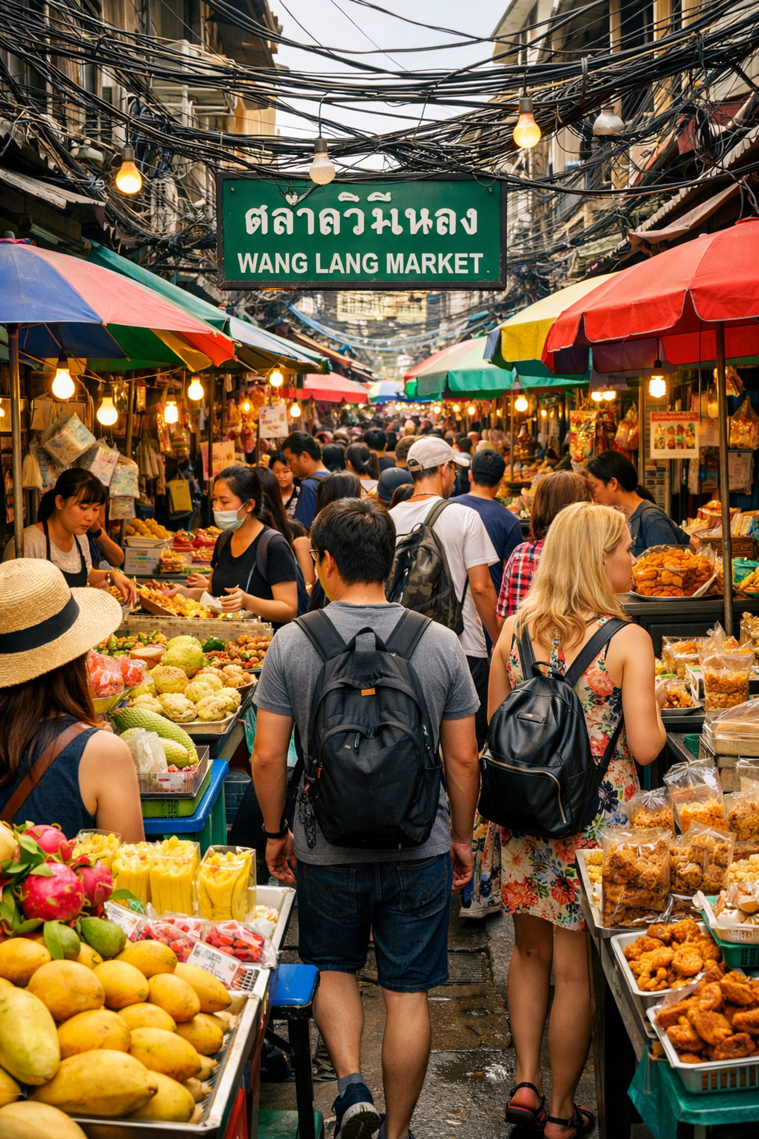 Busy vendors and colorful stalls at Wang Lang Market, a prime spot for finding the best cheap eats.