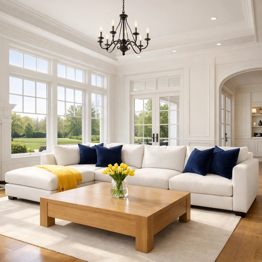 A pristine luxury living room in Wellesley MA maintained by consistent weekly house cleaning services.