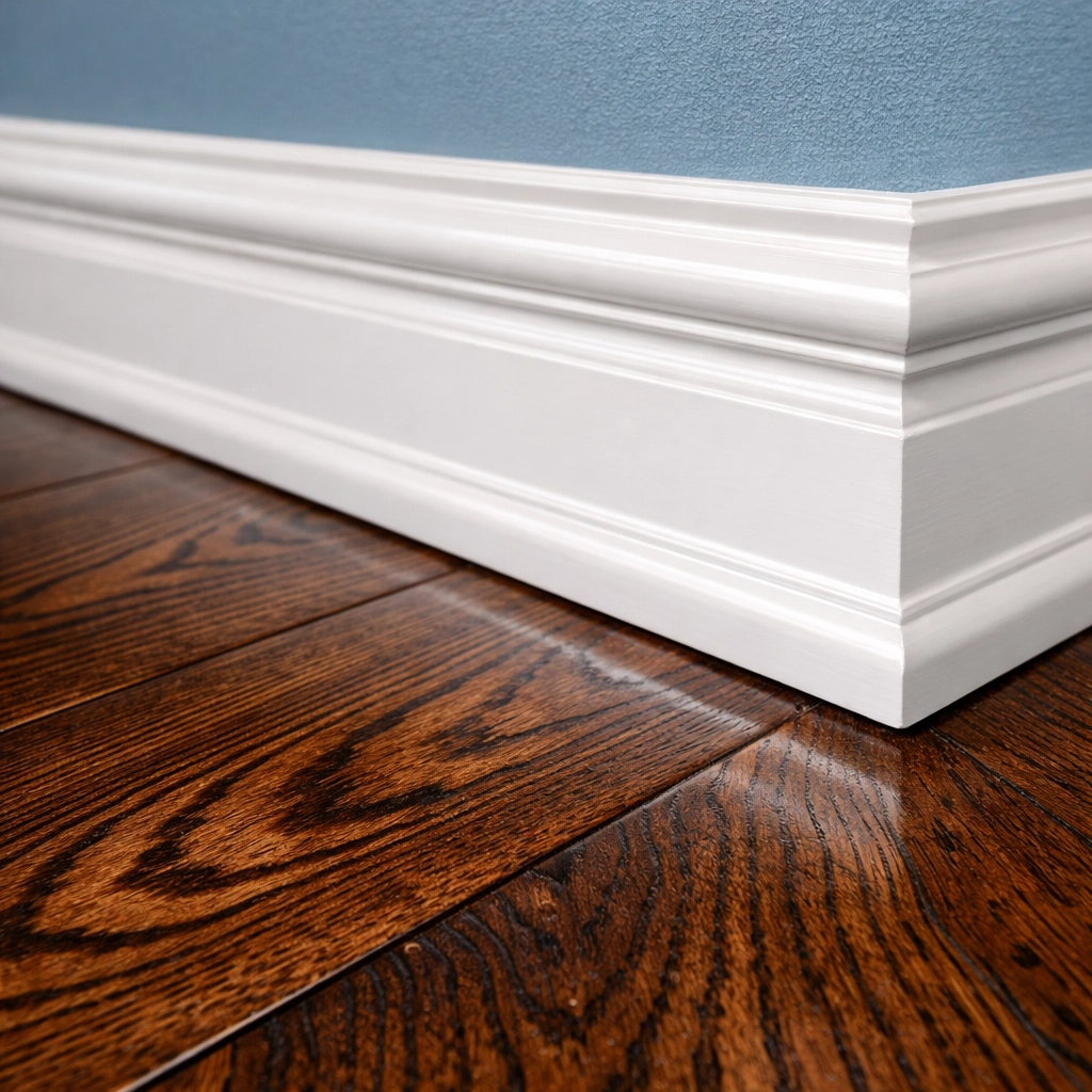 Close-up of dust-free baseboards and polished wood floors after professional deep cleaning services.