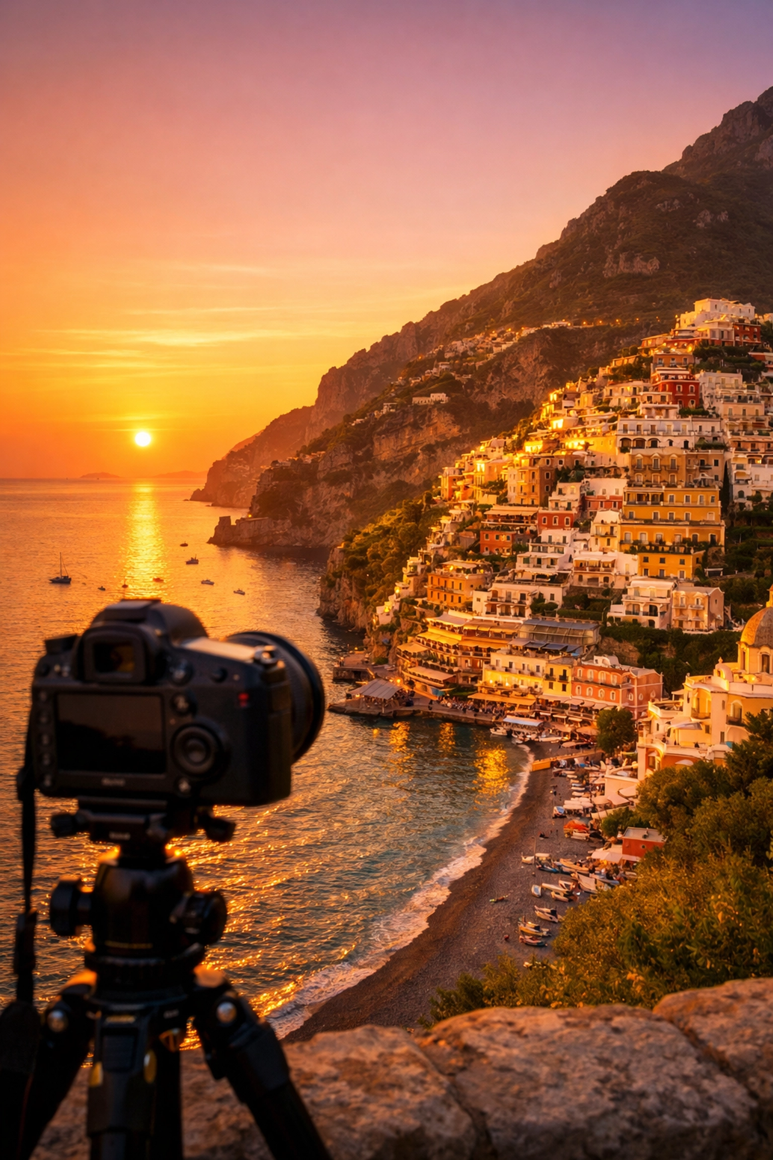 Professional camera on a tripod capturing the Amalfi Coast at golden hour, a top spot for travel photography.