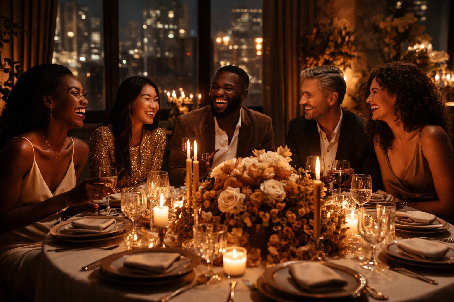 Urban wedding reception table with diverse guests enjoying candlelit ambiance and sophisticated décor