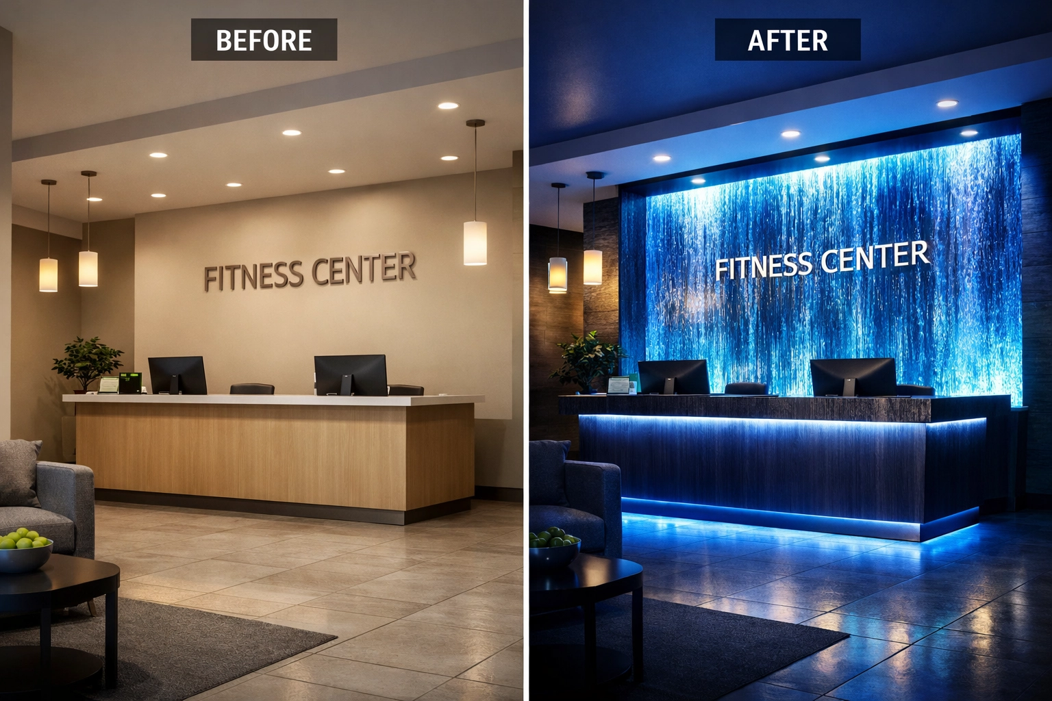 Before and after comparison of fitness center reception with maintenance free waterwall installation