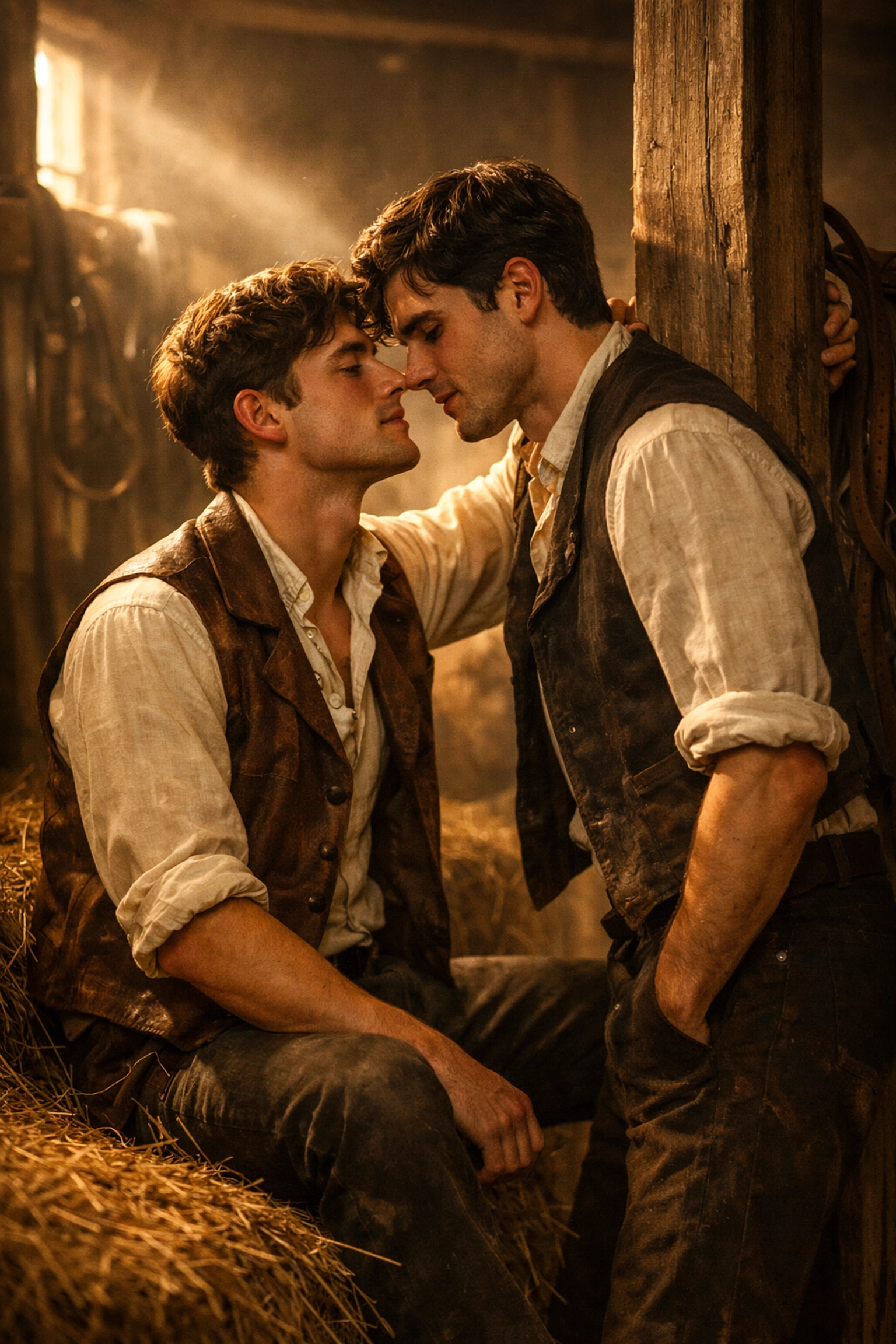 Two Victorian grooms sharing an intimate moment in a stable, reflecting gay historical romance themes.