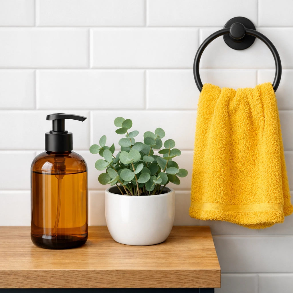 Eco-friendly liquid castile soap in a glass bottle on a clean minimalist bathroom vanity