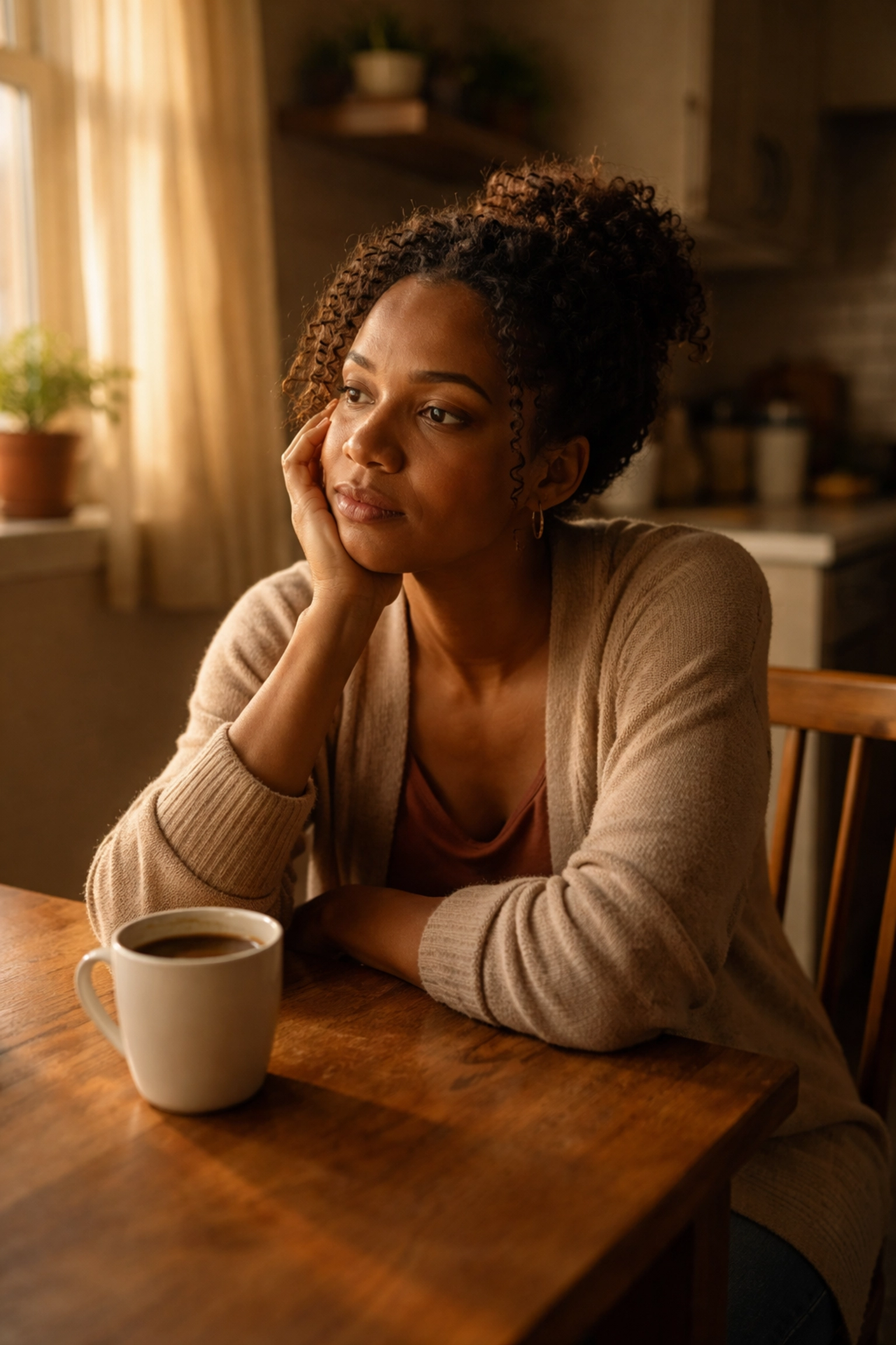 A hopeful woman sits alone at her kitchen table, feeling stuck and searching for faith and support during difficult times.